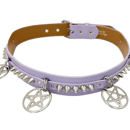 BT653M-PURPLE PREMIUM VEGAN LEATHER UK77 STUD PENTAGRAM CHAIN BELT