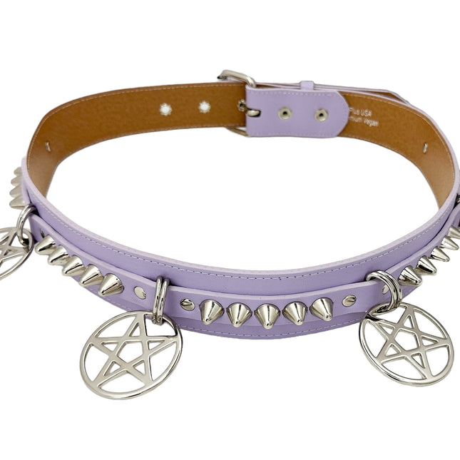 BT653M-PURPLE PREMIUM VEGAN LEATHER UK77 STUD PENTAGRAM CHAIN BELT