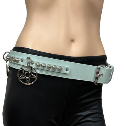 BT653M-TURQUOISE  PREMIUM VEGAN LEATHER UK77 STUD PENTAGRAM CHAIN BELT