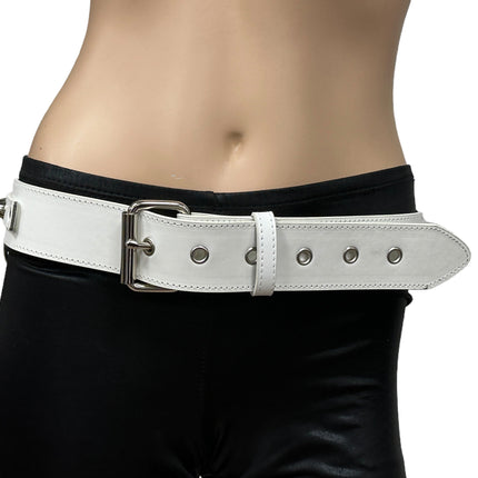 BT653M-WHITE PREMIUM VEGAN LEATHER UK77 STUD PENTAGRAM CHAIN BELT