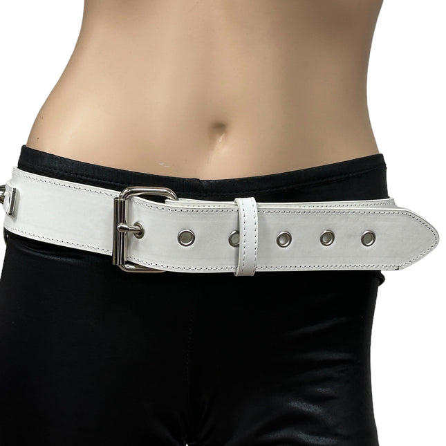 BT653M-WHITE PREMIUM VEGAN LEATHER UK77 STUD PENTAGRAM CHAIN BELT