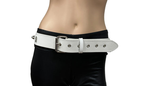 BT653M-WHITE PREMIUM VEGAN LEATHER UK77 STUD PENTAGRAM CHAIN BELT