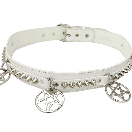 BT653M-WHITE PREMIUM VEGAN LEATHER UK77 STUD PENTAGRAM CHAIN BELT