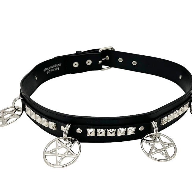 BT654M-BLACK PREMIUM VEGAN LEATHER PYRAMID  STUD PENTAGRAM CHAIN BELT