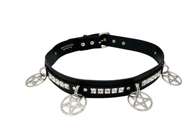 BT654M-BLACK PREMIUM VEGAN LEATHER PYRAMID  STUD PENTAGRAM CHAIN BELT