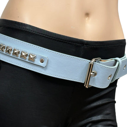 BT654M-BLUE  PREMIUM VEGAN LEATHER PYRAMID  STUD PENTAGRAM CHAIN BELT