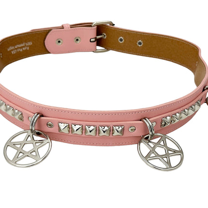 BT654M-PINK  PREMIUM VEGAN LEATHER PYRAMID  STUD PENTAGRAM CHAIN BELT