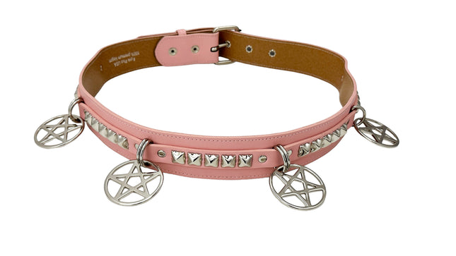 BT654M-PINK  PREMIUM VEGAN LEATHER PYRAMID  STUD PENTAGRAM CHAIN BELT