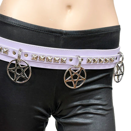 BT654M-PURPLE  PREMIUM VEGAN LEATHER PYRAMID  STUD PENTAGRAM CHAIN BELT