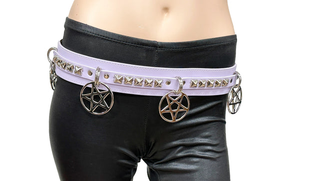 BT654M-PURPLE  PREMIUM VEGAN LEATHER PYRAMID  STUD PENTAGRAM CHAIN BELT