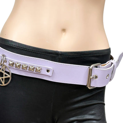 BT654M-PURPLE  PREMIUM VEGAN LEATHER PYRAMID  STUD PENTAGRAM CHAIN BELT