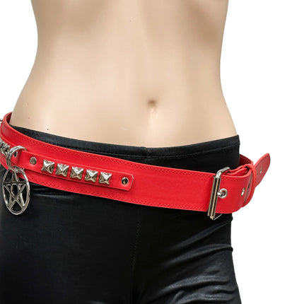 BT654M-RED  PREMIUM VEGAN LEATHER PYRAMID  STUD PENTAGRAM CHAIN BELT