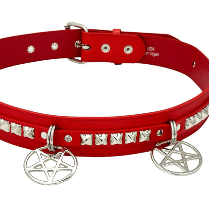BT654M-RED  PREMIUM VEGAN LEATHER PYRAMID  STUD PENTAGRAM CHAIN BELT