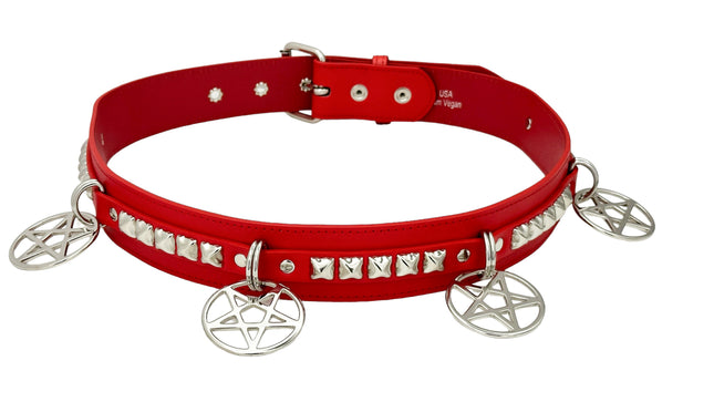 BT654M-RED  PREMIUM VEGAN LEATHER PYRAMID  STUD PENTAGRAM CHAIN BELT