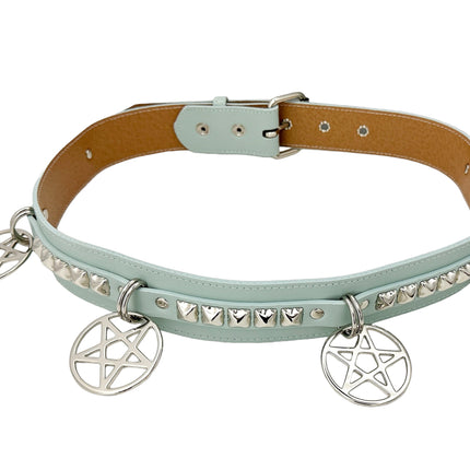 BT654M-TURQOUISE  PREMIUM VEGAN LEATHER PYRAMID  STUD PENTAGRAM CHAIN BELT