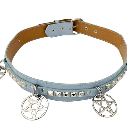 BT654M-TURQOUISE  PREMIUM VEGAN LEATHER PYRAMID  STUD PENTAGRAM CHAIN BELT