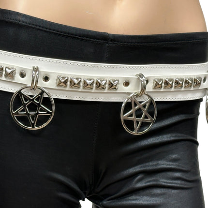 BT654M-WHITE  PREMIUM VEGAN LEATHER PYRAMID  STUD PENTAGRAM CHAIN BELT