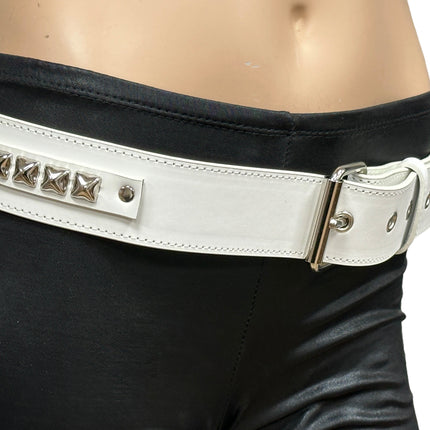 BT654M-WHITE  PREMIUM VEGAN LEATHER PYRAMID  STUD PENTAGRAM CHAIN BELT