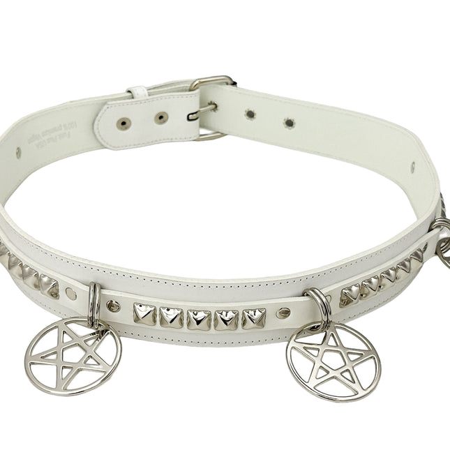 BT654M-WHITE  PREMIUM VEGAN LEATHER PYRAMID  STUD PENTAGRAM CHAIN BELT