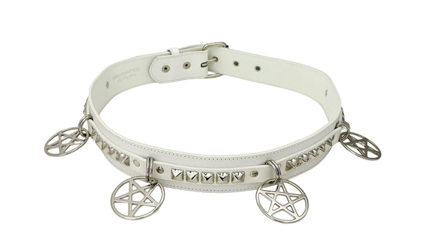 BT654M-WHITE  PREMIUM VEGAN LEATHER PYRAMID  STUD PENTAGRAM CHAIN BELT