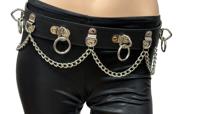 BT665M-BLACK PREMIUM VEGAN LEATHER PYRAMID  STUD PENTAGRAM CHAIN BELT