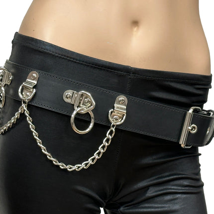 BT665M-BLACK PREMIUM VEGAN LEATHER PYRAMID  STUD PENTAGRAM CHAIN BELT