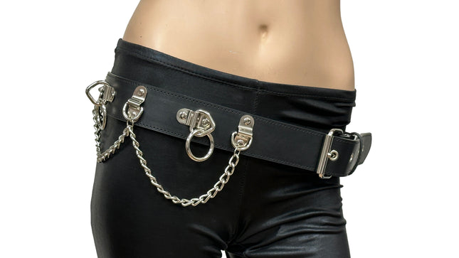 BT665M-BLACK PREMIUM VEGAN LEATHER PYRAMID  STUD PENTAGRAM CHAIN BELT