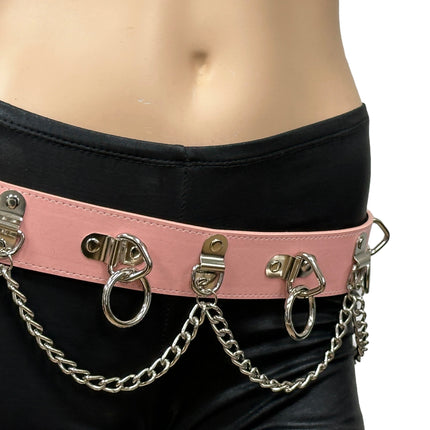BT665M-PINK PREMIUM VEGAN LEATHER PYRAMID  STUD PENTAGRAM CHAIN BELT