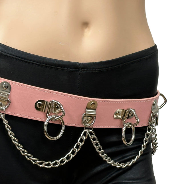 BT665M-PINK PREMIUM VEGAN LEATHER PYRAMID  STUD PENTAGRAM CHAIN BELT