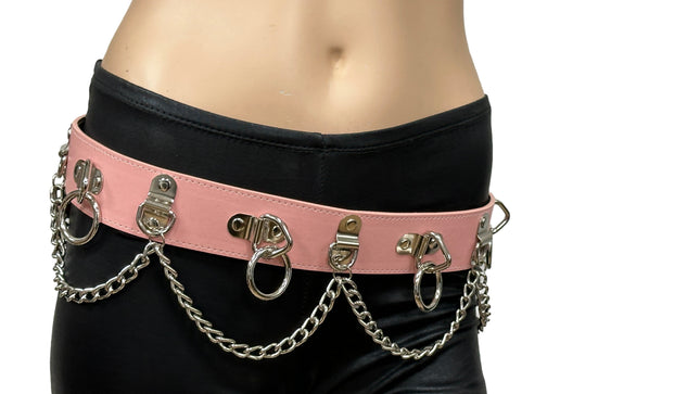 BT665M-PINK PREMIUM VEGAN LEATHER PYRAMID  STUD PENTAGRAM CHAIN BELT