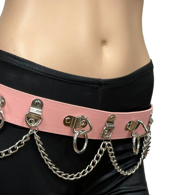BT665M-PINK PREMIUM VEGAN LEATHER PYRAMID  STUD PENTAGRAM CHAIN BELT