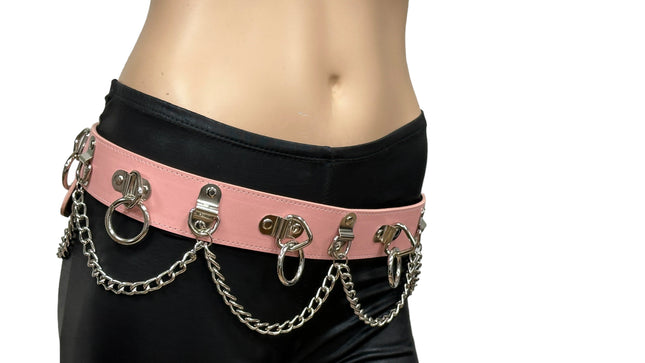 BT665M-PINK PREMIUM VEGAN LEATHER PYRAMID  STUD PENTAGRAM CHAIN BELT