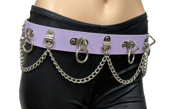 BT665M-PURPLE PREMIUM VEGAN LEATHER PYRAMID  STUD PENTAGRAM CHAIN BELT