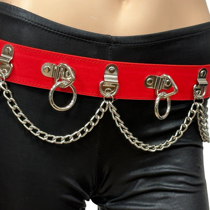 BT665M-RED PREMIUM VEGAN LEATHER PYRAMID  STUD PENTAGRAM CHAIN BELT