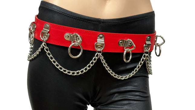 BT665M-RED PREMIUM VEGAN LEATHER PYRAMID  STUD PENTAGRAM CHAIN BELT