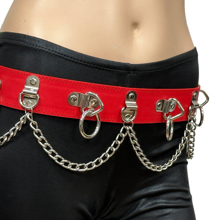 BT665M-RED PREMIUM VEGAN LEATHER PYRAMID  STUD PENTAGRAM CHAIN BELT