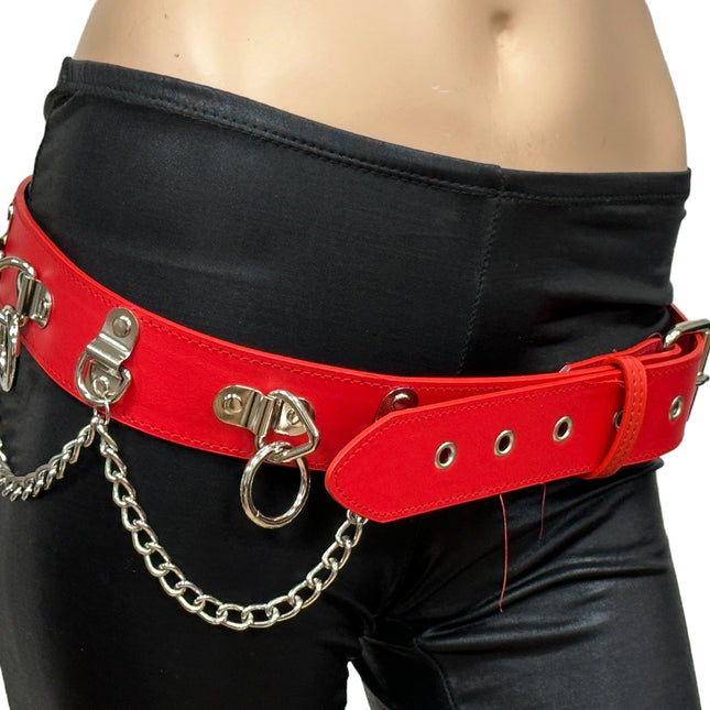 BT665M-RED PREMIUM VEGAN LEATHER PYRAMID  STUD PENTAGRAM CHAIN BELT