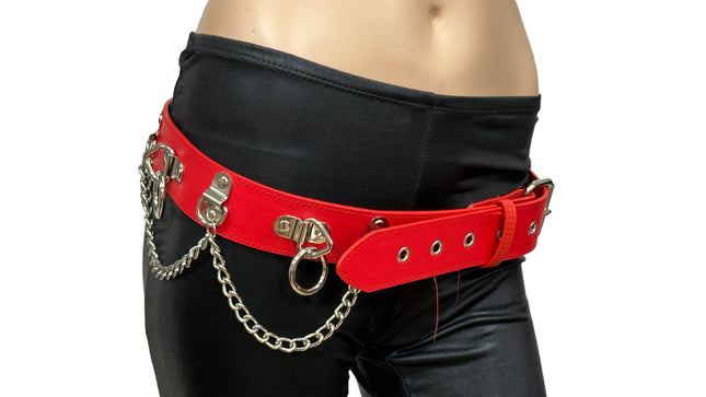 BT665M-RED PREMIUM VEGAN LEATHER PYRAMID  STUD PENTAGRAM CHAIN BELT