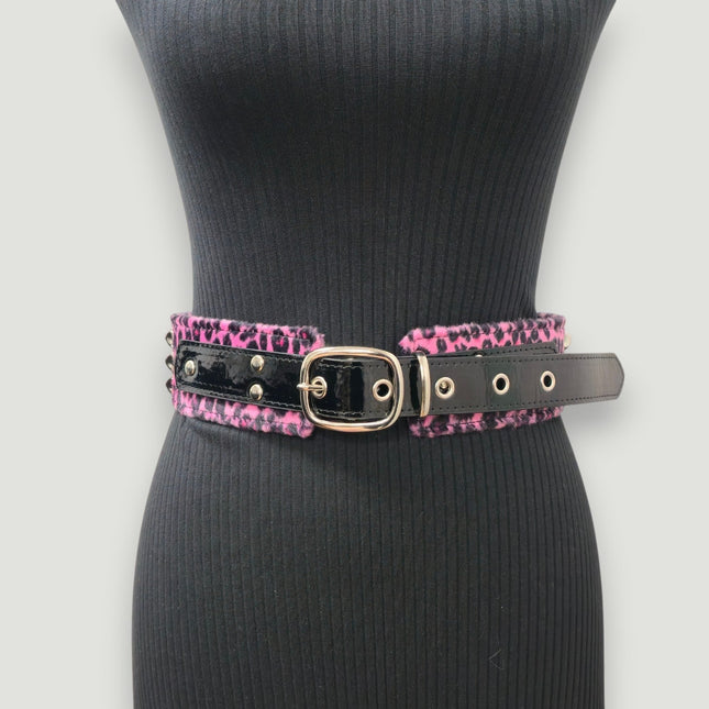 BT704L-LEOPARD FUZZY FABRIC STUDDED WAIST BELT