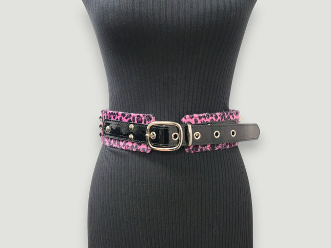 BT704L-LEOPARD FUZZY FABRIC STUDDED WAIST BELT