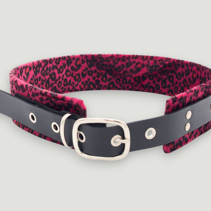 BT704L-LEATHER STRAPPED LEOPARD FUZZY FABRIC WAIST BELT