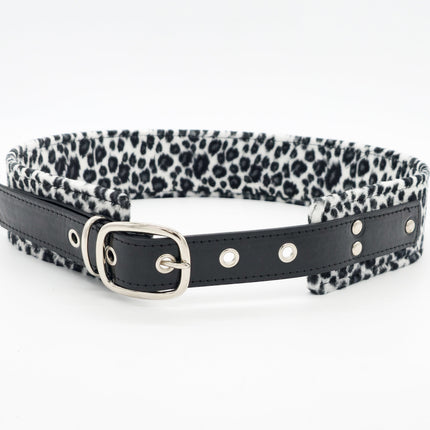 BT704L-LEATHER STRAPPED LEOPARD FUZZY FABRIC WAIST BELT