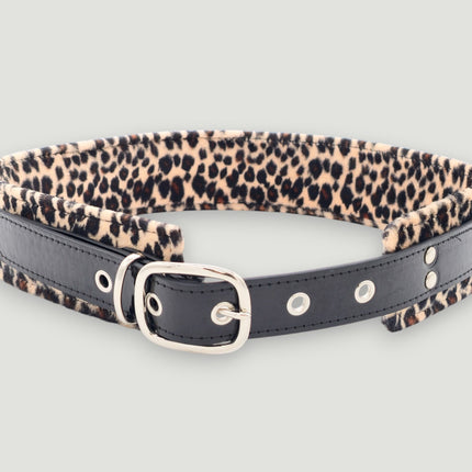 BT704L-LEATHER STRAPPED LEOPARD FUZZY FABRIC WAIST BELT