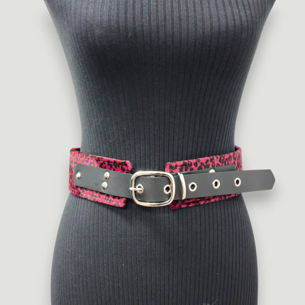 BT704L-LEOPARD FUZZY FABRIC DOULE EYELET STUDDED WAIST BELT