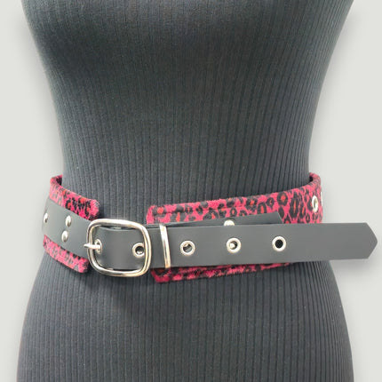 BT704L-LEOPARD FUZZY FABRIC DOULE EYELET STUDDED WAIST BELT