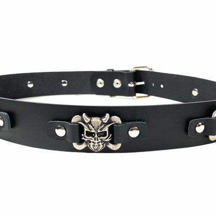 BT198DEVIL BLACK LEATHER BELT WITH METAL SKULL