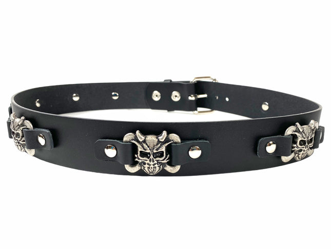 BT198DEVIL BLACK LEATHER BELT WITH METAL SKULL