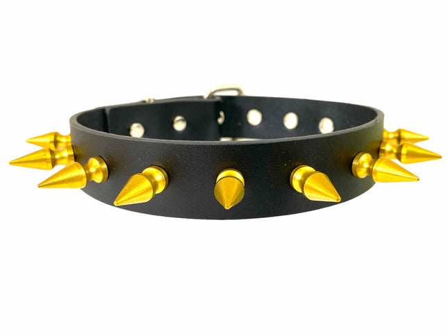 CK105-BRS 1 1/8" BLACK LEATHER CHOKER WITH 1" SPIKES