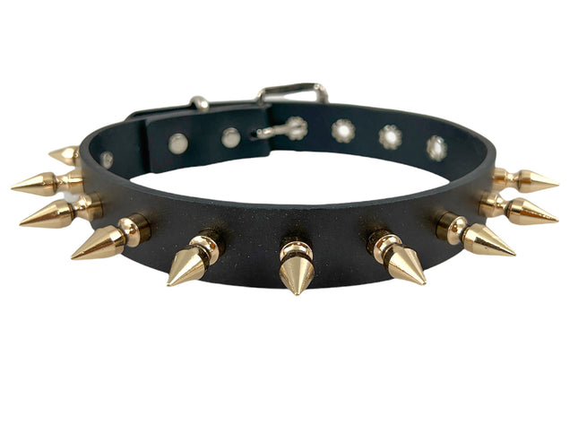 CK105-BRS 1 1/8" BLACK LEATHER CHOKER WITH 1" SPIKES