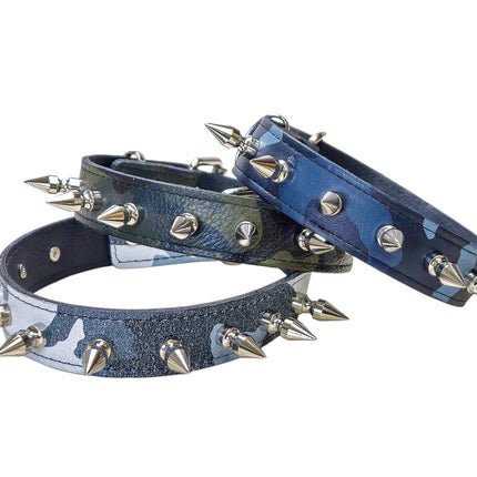 CK105L-CAMO  GENUINE LEATHER CAMOUFLAGE 1" SPIKE CHOKER